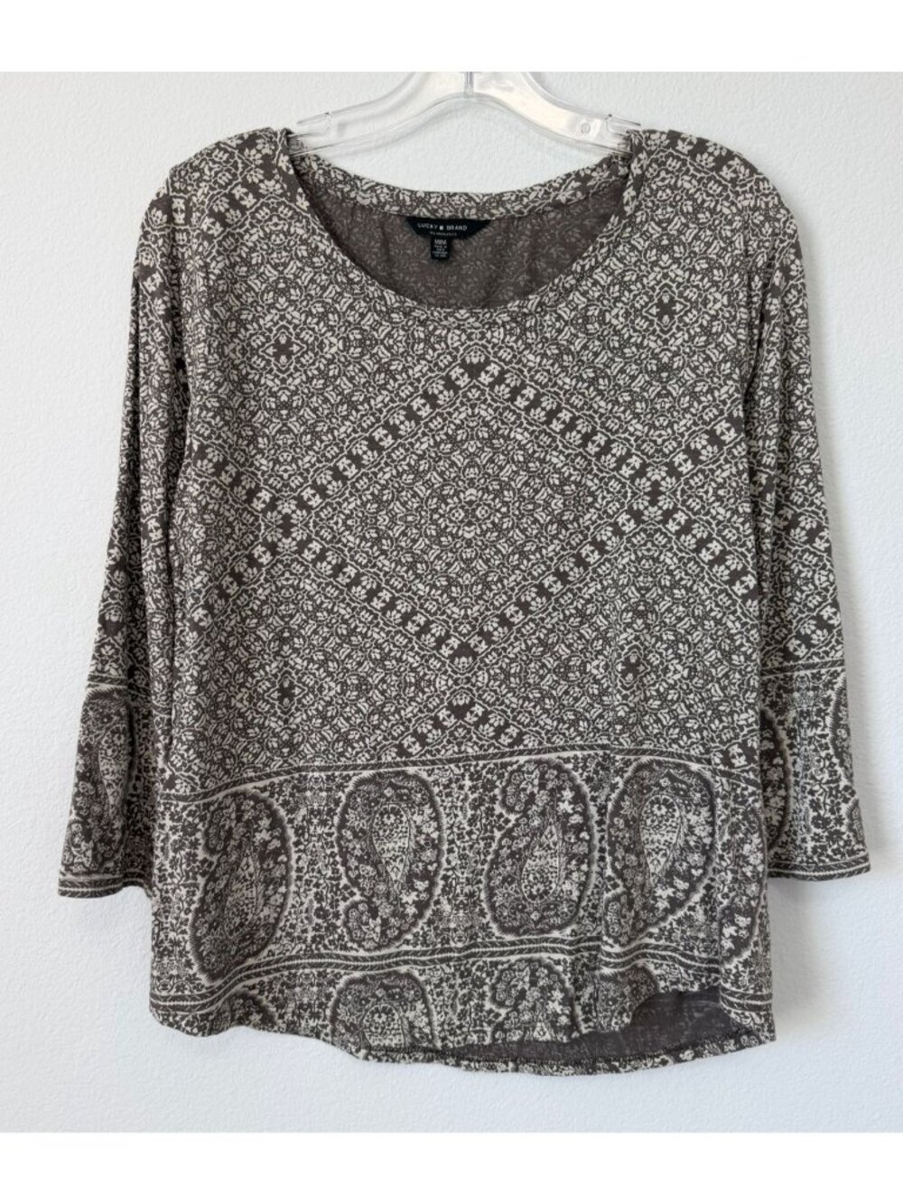 Lucky Brand 3/4 Sleeve Round Neck Geo/Paisley Boho Cotton Blend Blouse Size M